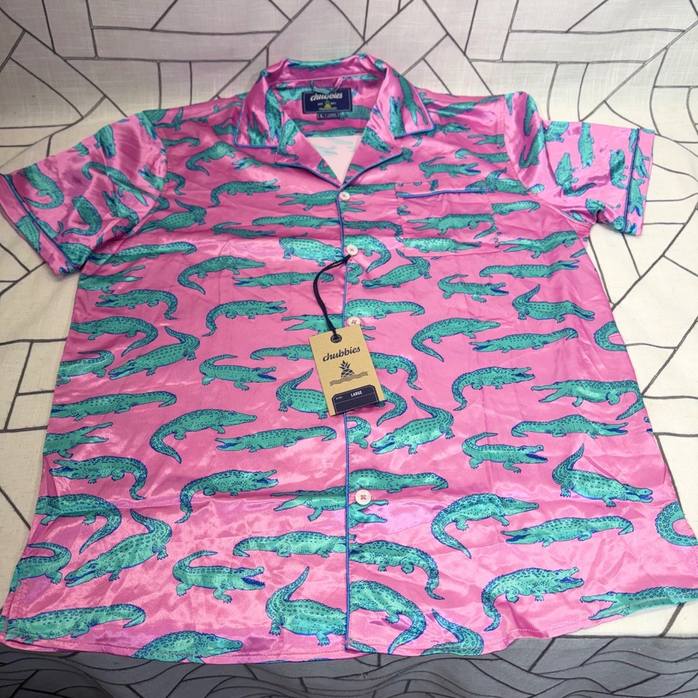Chubbies Sleep Shirt Large Pink The Glades Satin Alligator Print Pajama Top NEW